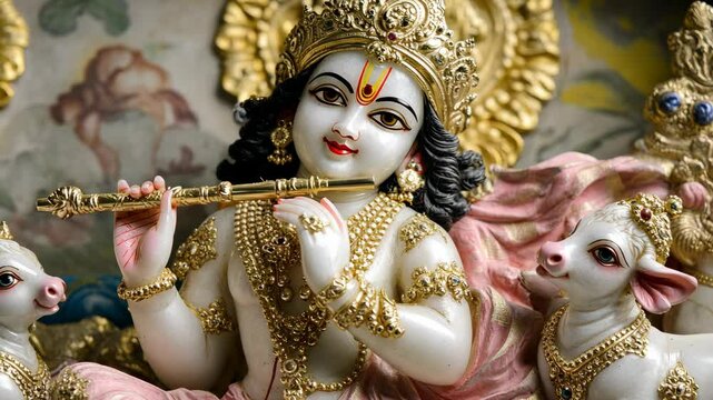 Krishna playing flute with cows in a beautifully decorated background during a cultural celebration