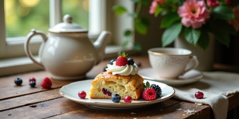 A delightful slice of berry topped shortcake with whipped cream, served alongside a teapot and a cup of tea, creating a charming afternoon tea scene on a rustic wooden table.
