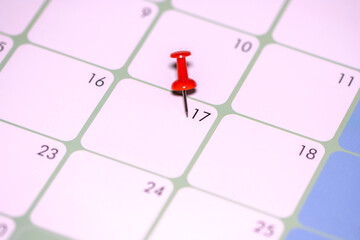 Calendar entry: Number 17 pinned with a red push pin or thumbtack, symbolizing the “Save the...