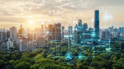 Fototapeta premium Smart City Skyline: Technological Innovation Meets Urban Greenery