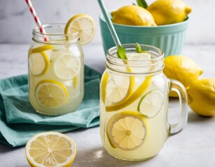 Refreshing Homemade Lemonade in Mason Jars with Lemon Slices and Mint
