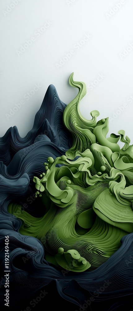 Poster enigmatic mountainous formations with flowing green structures in dark digital environment