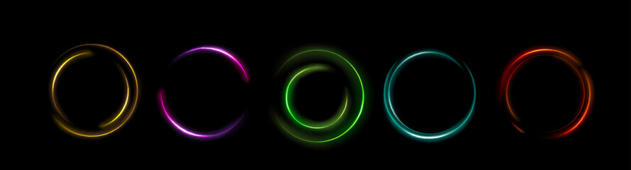 Neon ring collection - luminous circular frames in blue, red, green, yellow and pink colors. Glowing lined geometric shapes with sparkle effect on dark background. Futuristic interface design elements