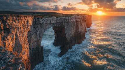 Coastal cliffs with dramatic sea arches and waves crashing through them