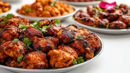 Fototapeta premium Spicy Tandoori Chicken Platter: A vibrant close-up shot of a large platter of succulent tandoori chicken, glistening with spices and garnished with fresh cilantro.