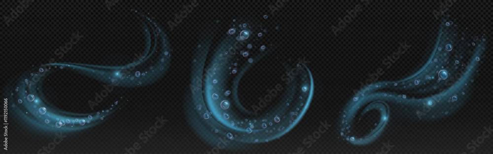 Poster luminous bubble swirl effects in blue color with transparent spheres along curved paths. glowing spi