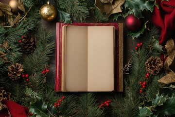 minimalistic flat lay of an empty notebook surrounded by a pine garland and festive red and gold decorations.