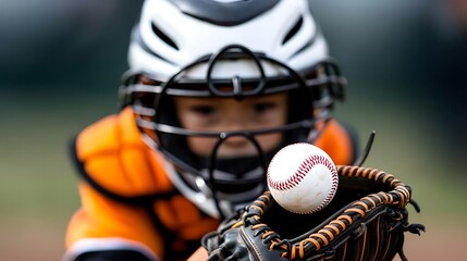 Young baseball catcher focusing intently on catching a ball.