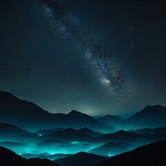 Fototapeta premium Teal mountains silhouetted against a starry sky.