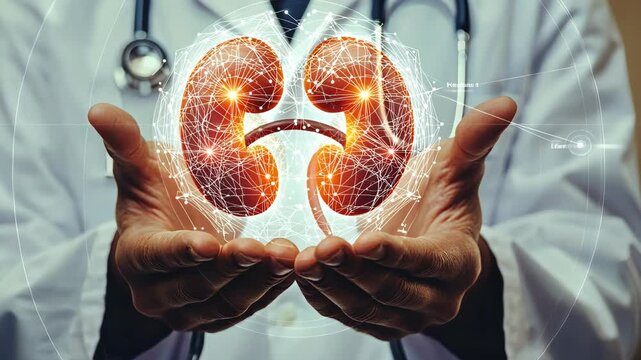 Health professional holding a digital illustration of kidneys in their hands while demonstrating the importance of organ health