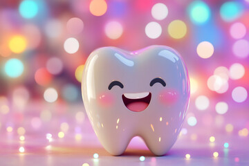 Cute tooth character smiling on a colorful background with bokeh lights, in a cartoon style