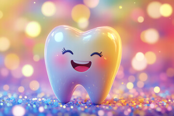 Cute tooth character smiling on a colorful background with bokeh lights, in a cartoon style