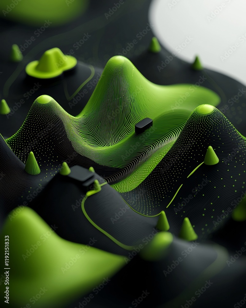 Poster enigmatic generative landscape with flowing green structures on white backdrop