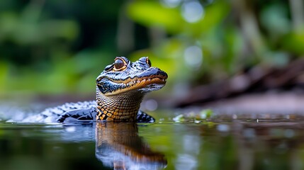Fototapeta premium Young spectacled caiman in dark water with reflection, green blurred background.