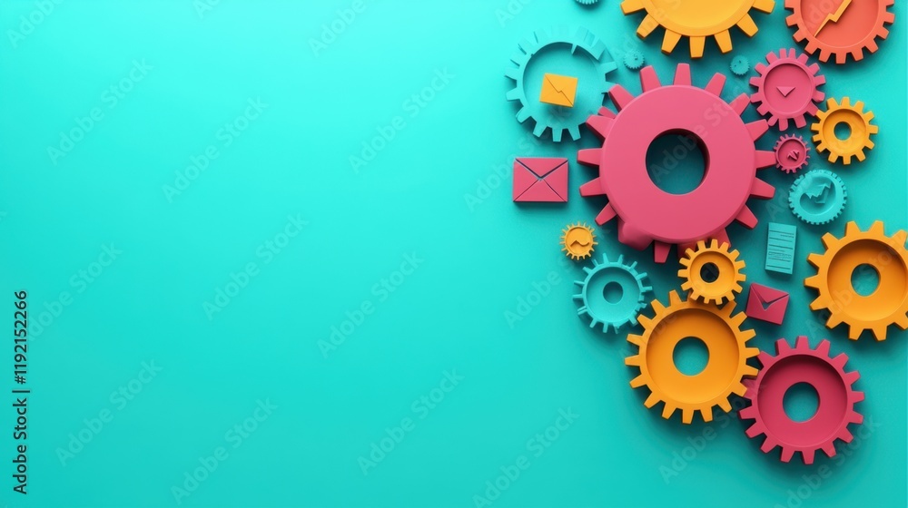 Poster colorful interlocking gears representing teamwork and business workflow processes