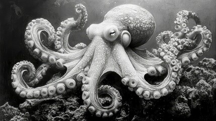 Fototapeta premium Majestic Octopus: A Monochromatic Masterpiece of Marine Life. A breathtakingly detailed black and white illustration showcasing the intricate beauty and power of an octopus in its underwater realm.
