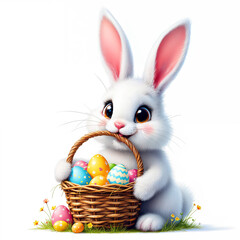 Easter bunny with basket of colored eggs on white background. Easter background, banner