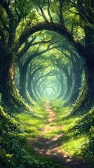 Magical forest path leading through a tunnel of lush green trees, sunlight streaming through the canopy.