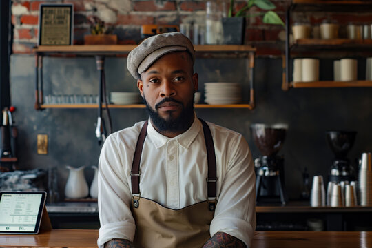 A man wearing a white shirt and a hat is sitting at a counter in a cafe. He is wearing an apron and has a beard