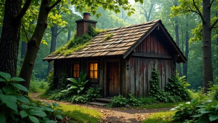 Secluded Wooden Cabin Nestled Deep Within a Lush, Verdant Forest, Illuminated by a Soft, Warm Interior Light