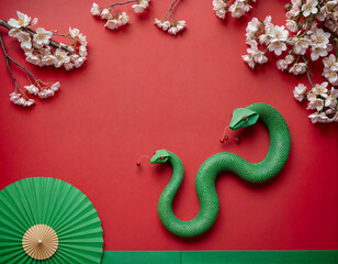 Happy Luna New Year banner template. Golden snake with red paper fans and cherry blossom branch on red background. Traditional holiday lunar New Year, year of the snake concept