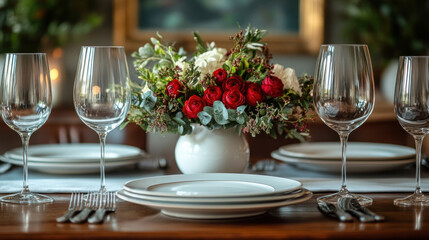 Household objects displayed as a dining table set with plates, napkins, and wine glasses for a formal dinner