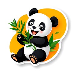 Obraz premium Adorable cartoon panda sitting and holding bamboo leaves against an orange background.