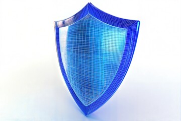 A 3D rendering of a blue wireframe shield with a digital grid on a white background, symbolizing cybersecurity, online protection, and technology.