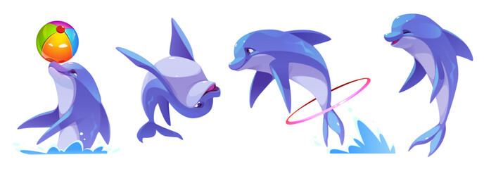 Cute dolphin character set in playful poses - performing tricks with beach ball, jumping through pink ring, splashing in water. Cartoon marine mammal in bright blue color with cheerful expressions. © klyaksun