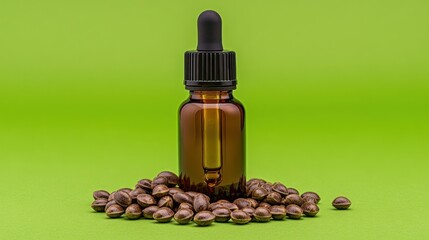 Hemp Oil Drops with Cannabis Seeds and Fresh Leaves on Natural Green Background - Organic, Medicinal, and Natural Health Properties