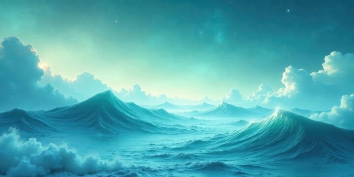 Serene Ocean Landscape  Vast, rolling waves under a tranquil, pastel sky with soft, ethereal clouds.
