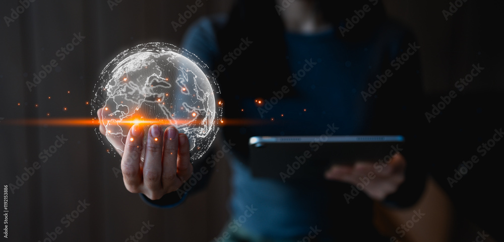 Poster big data analytics and business intelligence concept. businessman holding global network connection.