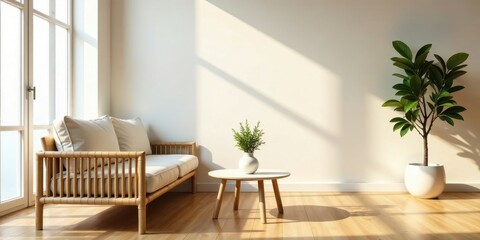 Sunlight streams into a minimalist living room, illuminating a light-colored couch with a natural wood frame, a small round coffee table, and potted plants adding a touch of greenery.