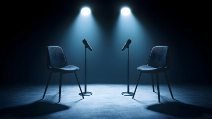 Live debate with microphones dark studio audio production intimate setting close-up engaging discussion
