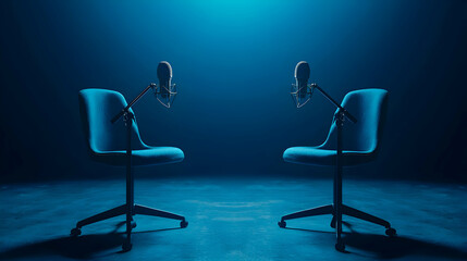 Engaging podcast discussion studio audio setup dimly lit environment symmetrical view interactive conversations