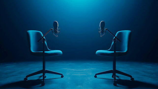 Engaging podcast discussion studio audio setup dimly lit environment symmetrical view interactive conversations
