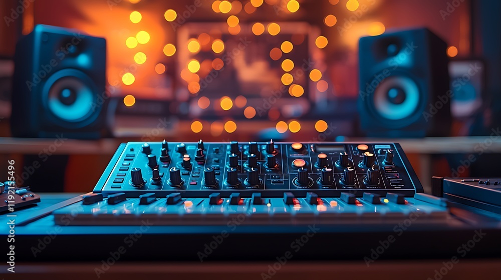 Poster audio mixing console in recording studio with speakers and bokeh lights.