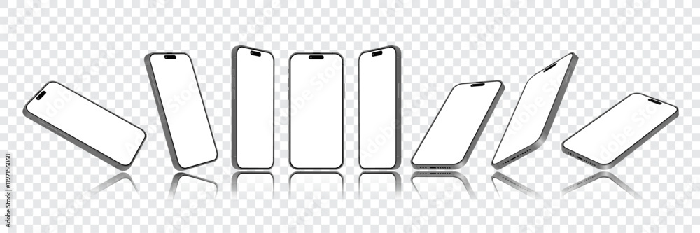 Poster realistic smartphone mockup: 3d mobile devices in front, side, top, and perspective views with blank