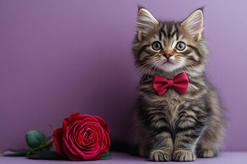 Cute Kitten with Bowtie and Red Rose on Purple Background