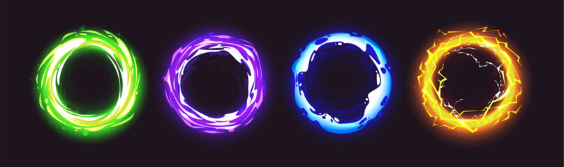 Magic game portals set isolated on black. Vector cartoon illustration of fantasy neon color circle frame, round door to fantasy world, space or time dimension for game ui design, shining teleport © klyaksun