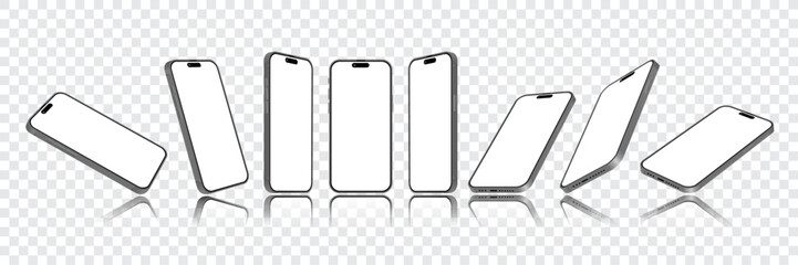 Realistic Smartphone Mockup: 3D Mobile Devices in Front, Side, Top, and Perspective Views with Blank Screens for UI and UX Banners and Presentations on White Background