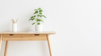 Bamboo Eco-Friendly Minimalist Interior Design. Minimalist desk with a plant and stationery in a bright room.