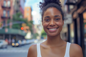 Cheerful woman radiant smile stands outdoors in a bustling urban setting. The vibrant city atmosphere enhances her joyful expression, reflecting happiness and confidence in an everyday moment.