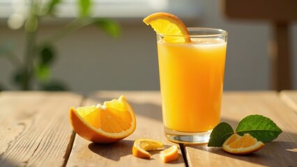 Refreshing citrus beverage in a tall glass, garnished with a sunny orange slice, sits on a rustic wooden surface next to juicy orange segments and vibrant green leaves, bathed in natural sunlight.