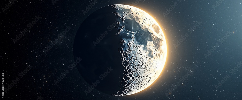 Poster illuminated half of the moon in space.