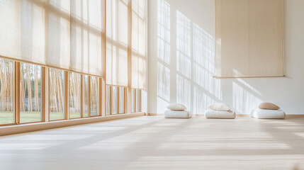 Obraz premium Bamboo Eco-Friendly Minimalist Interior Design. Bright, serene room with cushions and large windows letting in natural light.