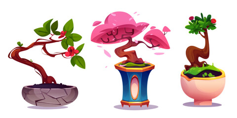 Small bonsai garden set with decorative elements - curved trunk trees in decor pots with pink caps, green foliage, crimson berries and flowers. Traditional Japanese interior design nature plant. © klyaksun