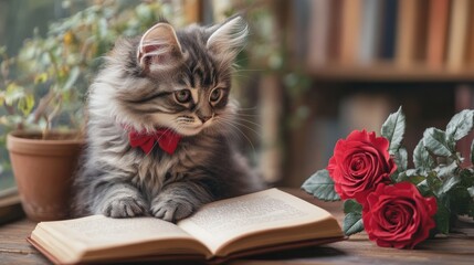 Cute tabby kitten with bow tie sitting on open book near roses