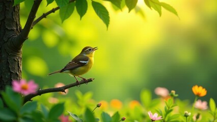 Obraz premium A small yellow bird perches on a slender branch, singing joyfully amidst a vibrant garden of colorful blossoms bathed in the warm glow of sunlight.