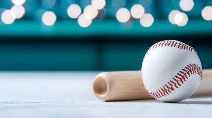 Baseball bat and ball on white surface with teal bokeh background.